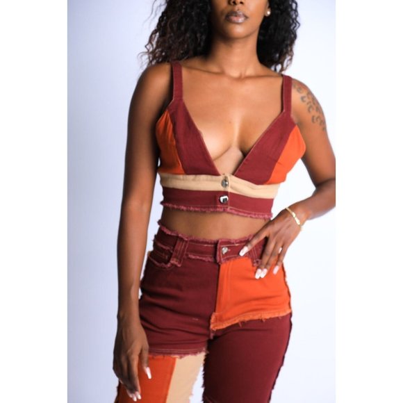 Women's Patching Feelings Crop Top Sexy Party Club Crop Top Patch Work Top - Picture 4 of 9